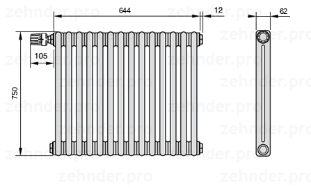 Схема (чертеж) Радиатор Zehnder Charleston 2075/14 №V012 Белый глянцевый RAL 9016